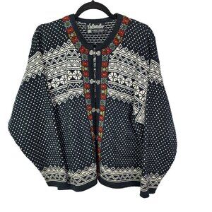 Women's Handknit Embroidered Cotton Blue Nordic Sweater Fair Isle Clasps M